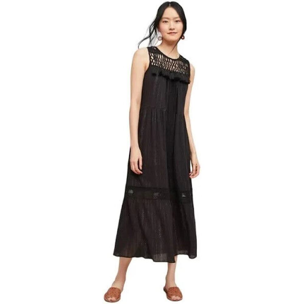 Anthropologie Maeve Abilene Metallic Black Midi Dress Crochet Romantic Sz Small